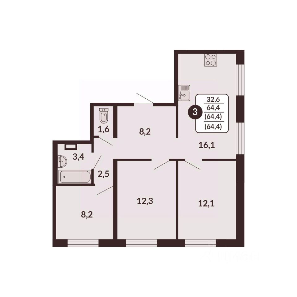 планировка квартиры 64 м2